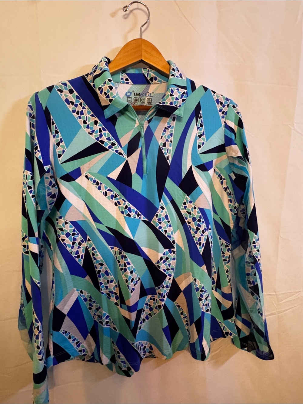IBKUL Teal, Blue & Navy Geometric Long-Sleeve Polo